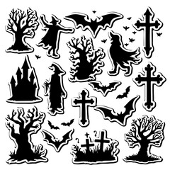 Retro vector illustration set of religious symbols design with dragon and knight silhouettes