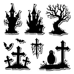 A vintage vector illustration set of heraldic crown and castle silhouette icons, perfect for travel or architectural designs