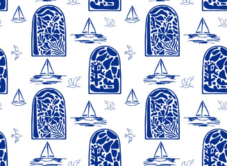 Mediterranean seamless pattern with window arches and marine landscape.