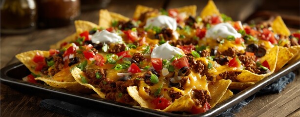A Fiesta of Flavors: A tantalizing array of nachos overflowing with savory ground meat, melted cheese, fresh toppings, and a dollop of cool sour cream, artfully arranged on a rustic serving tray.
