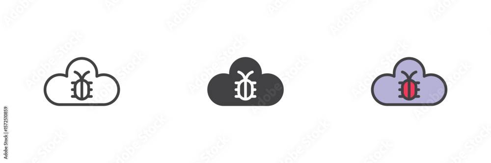 Poster cloud malware icon set in line, solid and filled outline style