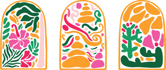 Set of Tropical Mid-Century Modern arches or logo with Hibiscus flowers, cactus, pebbles and Palm trees. Perfect for backgrounds, wallpaper, fabric prints, and creative design projects.
