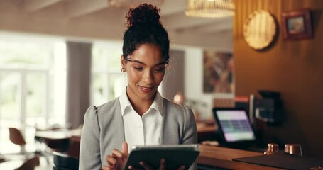 Hotel, lobby and business woman on tablet for online booking, accommodation and digital check in. Work trip, hospitality and happy person on tech for reservation on website, internet and networking - Powered by Adobe