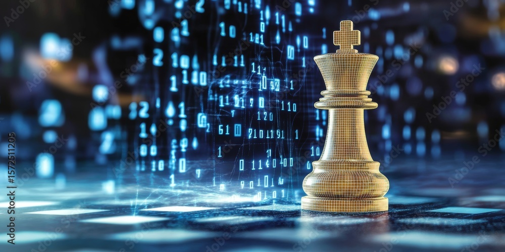 Poster digital chess king illustrating data flow and information analytics for strategic decision making