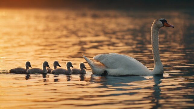 A mother swan is leading her six baby swans across a body of water