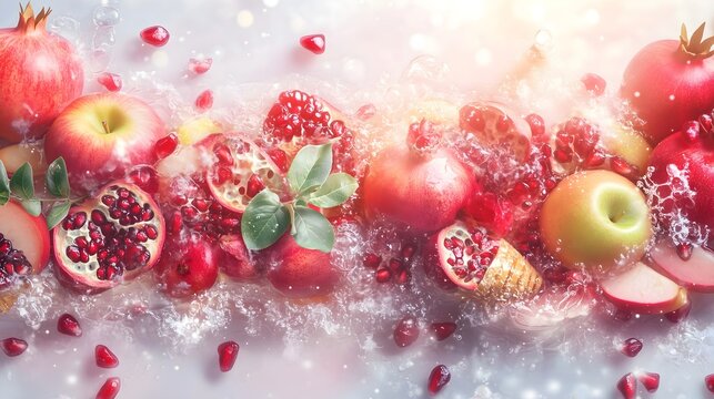 Rosh Hashanah celebration with pomegranates and apples representing new beginnings and blessings - Powered by Adobe