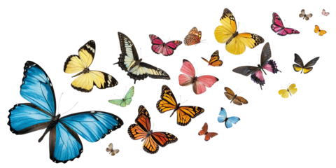 Collection of colorful butterflies in flight isolated on transparent background