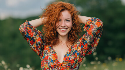 A young woman with curly red hair in a vibrant summer dress, standing in a sunny meadow, smiling confidently, detailed background, natural light, vivid colors