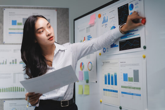 Businesswoman presenting business performance report using data visualization documents
