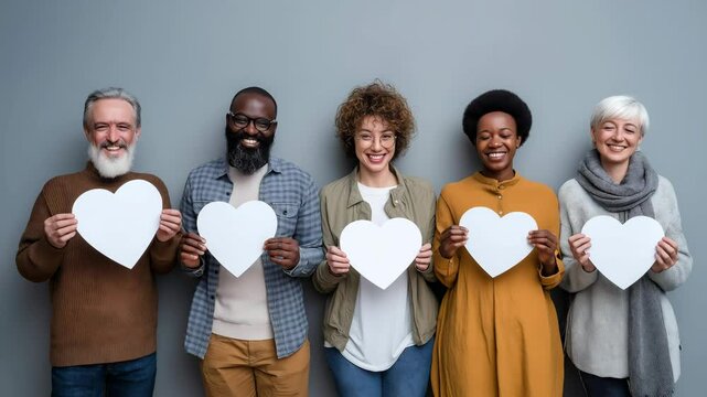 Portrait happy smiling diverse group of people holding paper heart shape signs of love, Celebrating valentine's day together looking at camera, Love and friendship concept