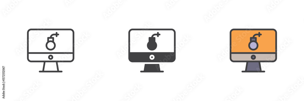 Poster smartphone bug warning icon set in line, solid and filled outline style