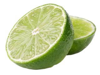 Two fresh lime halves showing juicy green pulp and white pith isolated on transparent background