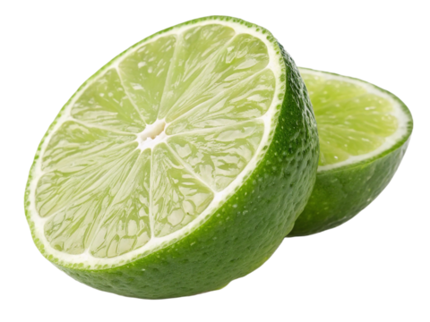 Two fresh lime halves showing juicy green pulp and white pith isolated on transparent background