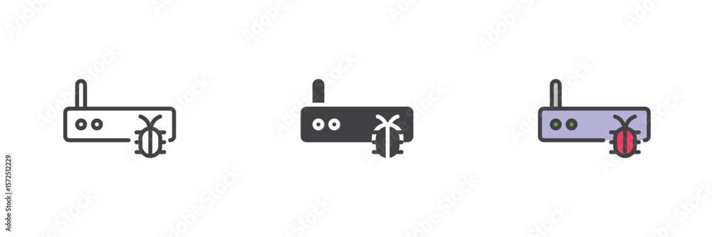 Poster router malware icon set in line, solid and filled outline style