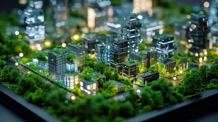 A captivating 3D render of a miniature ecocity model with bright lights illuminating smart buildings and green spaces representing the future of urban planning focused on sustainability