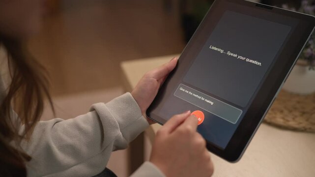 Hands Using Tablet Interacting AI Agent Software Home Office