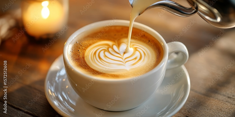 Poster cappuccino creation in progress beautiful milk swirl design on a caf java serving refreshment