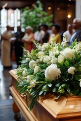 Elegant white floral arrangement on wooden coffin during funeral service