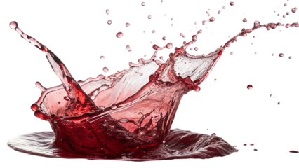 Vibrant red liquid splash frozen in time with droplets isolated on transparent background
