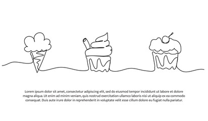 Continuous line cupcake. Single line decorative element drawn on white.