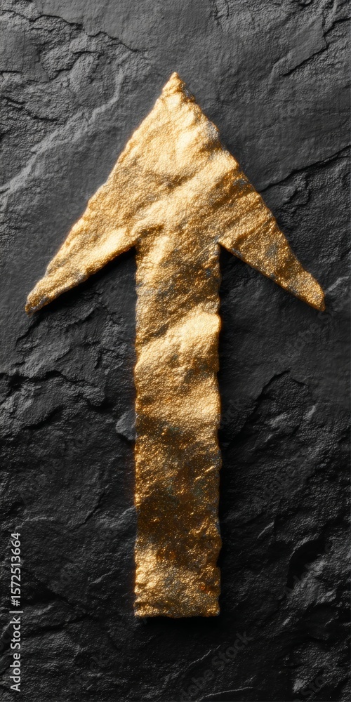 Poster gleaming golden arrow charting upward path of progress in business finance with dark background