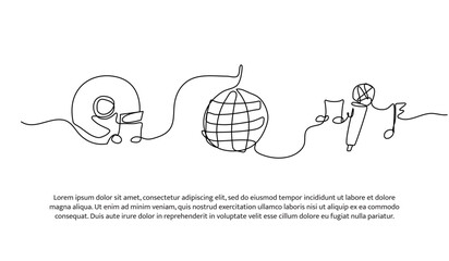 Continuous line mic, vinyl, and disco lights. Single line decorative element drawn on white.