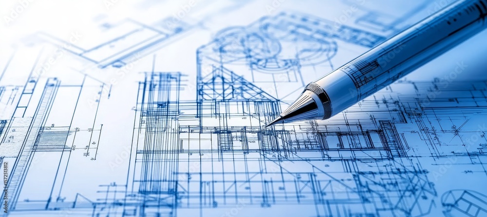 Poster meticulous architectural blueprints and precise mechanical designs displayed on a drafting table.