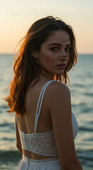 Stunning Woman with Long Brown Hair at Sunset Beach