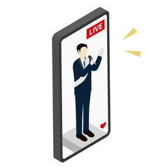 スマートフォンでライブ配信される男性立候補者の選挙演説のアイソメトリックイラスト