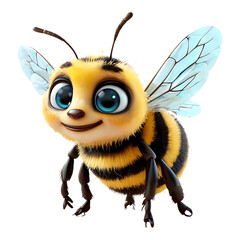 Cute cartoon bee with big blue eyes and fluffy body isolated on transparent background