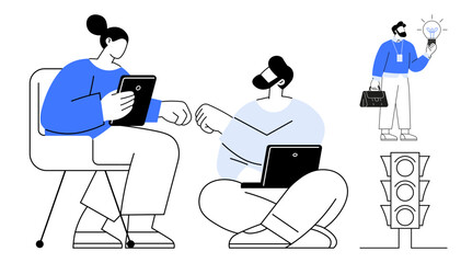 Two coworkers discussing ideas using digital devices, man with briefcase and light bulb, traffic light. Ideal for teamwork, brainstorming, innovation, productivity, workplace efficiency