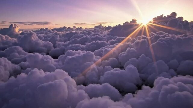 Purple Sunset over Dreamy Cloudscape.
Soft lavender sunset lights up the sky as clouds roll peacefully over the horizon, dreamy and calm.
