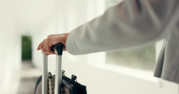 Business, hands or walking with suitcase to hotel room for accommodation, guest arrival or check in. Corporate trip, bag or person with luggage in lodge hallway for booking reservation or hospitality