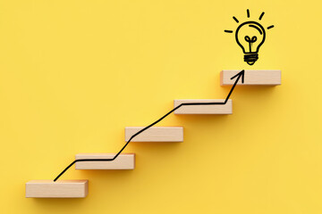 Ascending Steps to Innovation A Conceptual Journey of Growth and Progress Depicted by Wooden Blocks Leading to a Bright Idea Symbolized by a Lightbulb on Yellow Backdrop