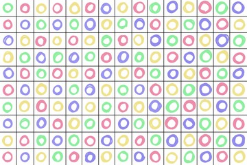 Colorful seamless geometric pattern with brush strokes in handdrawn circles shape & chekered on white background. Fun pattern for wallpaper, packaging paper, print, card, etc. 