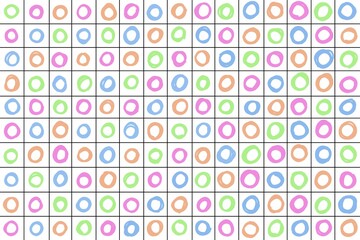 Colorful seamless pattern with brush strokes in handdrawn circles shape & chekered on white background. Fun pattern for wallpaper, packaging paper, print, card, etc. 