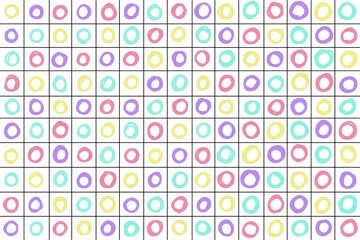 Trendy seamless colorful pattern with brush strokes in handdrawn circles shape & chekered on white background. Fun pattern for wallpaper, packaging paper, print, card, etc. 