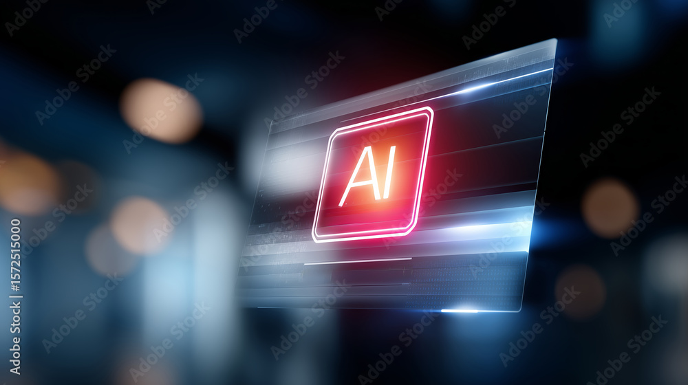 Poster digital display showcasing ai technology with glowing red accent in a modern workspace