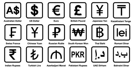 currency icons set. Australian dollar, us dollar, euro, pound, yuan, Yun, pkr, uae dirham, romania dinar, dinar, symbol sign. collection of currency. vector illustration.
