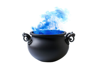 black halloween cauldron with toxic blue smoke isolated on white or transparent png