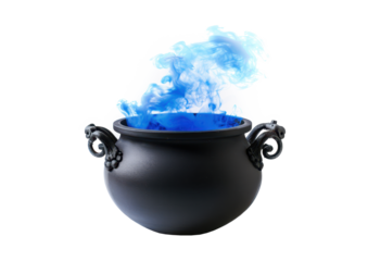 black halloween cauldron with toxic blue smoke isolated on white or transparent png