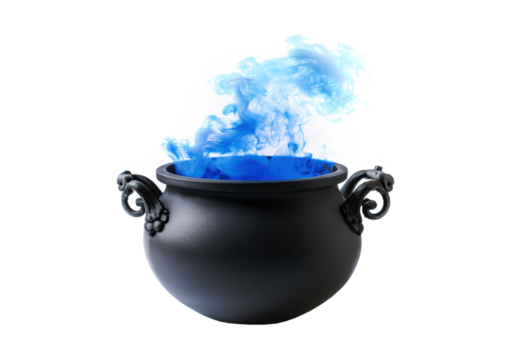 black halloween cauldron with toxic blue smoke isolated on white or transparent png
