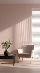 Cozy interior scene featuring a light beige armchair beside a black coffee table, adorned with a plant, illuminated by soft sunlight through window blinds, creating a serene atmosphere