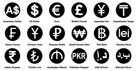 currency icons set. Australian dollar, us dollar, euro, pound, yuan, Yun, pkr, uae dirham, romania dinar, dinar, symbol sign. collection of currency. vector illustration.
