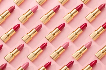 Obraz premium Assortment of luxurious gold tube lipsticks in various shades of pink and red