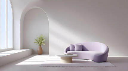 Modern living room featuring a stylish purple sofa, round coffee table, and potted plant, illuminated by natural light streaming through large windows, creating a serene atmosphere