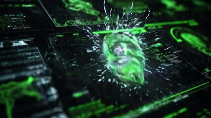 Digital Green Skull on Holographic Interface – Hacking Alert and System Overload Concept - Powered by Adobe