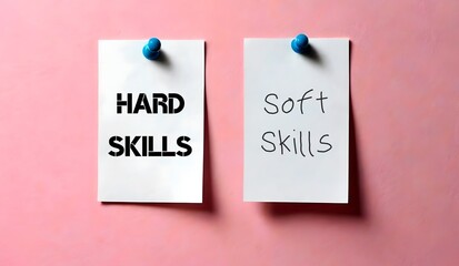 Pink wall with two notes written HARD SKILLS (teachable and measurable abilities such as writing, or computer) and SOFT SKILLS (traits of good employee such as communication)