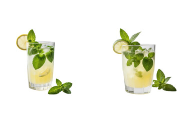 Two glasses of refreshing cocktails with mint and lemon, set against a bright white background. The drinks, with visible ice and a yellow tint, are garnished with fresh mint leaves.

