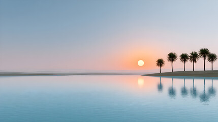 Serene landscape featuring tranquil water reflecting palm trees and a vibrant sunset, creating a peaceful atmosphere with soft colors and gentle waves enhancing the natural beauty